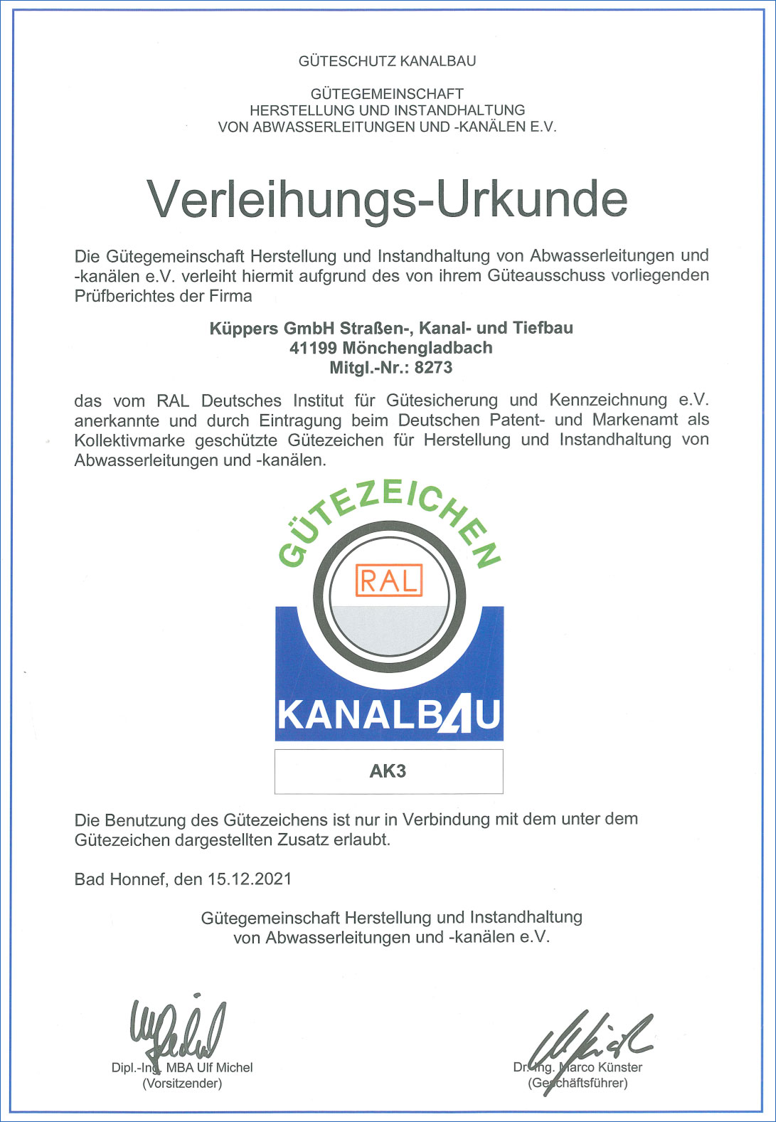 Verleihungs-Urkunde RAL AK3